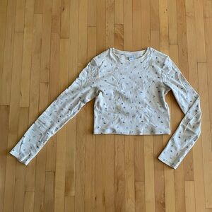 Women’s Cream Long Sleeve Crop Top with Blue Floral Pattern